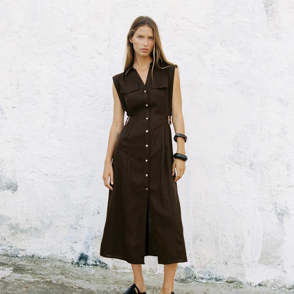 Zara Brown Linen Midi Dress – Size Medium, Sleeveless, Button Front NWT Summer